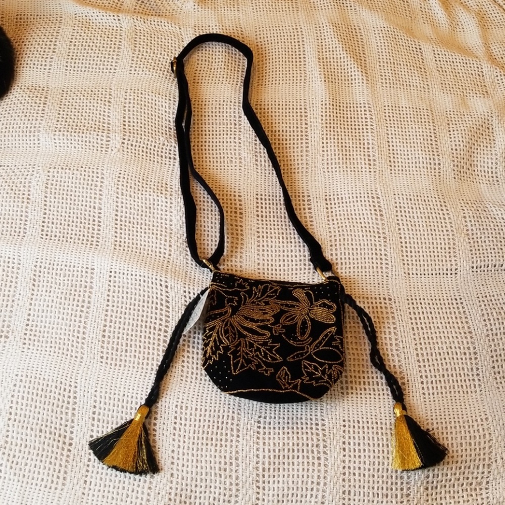 Velvet Black and Gold Beaded Purse